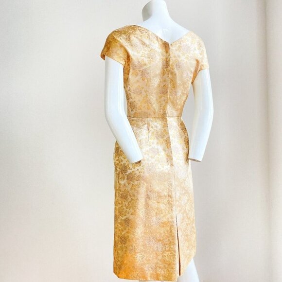 Vintage 50s 60s Gold Brocade Floral Short Sleeve Dress S - Picture 8 of 8